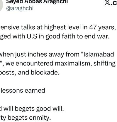 Foreign Minister Seyed Abbas Araghchi has written on X:  Recent Talks in Islamabad