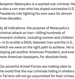 I.R. Iran, Ministry of Foreign Affairs- Foreign Minister on X: Netanyahu is a wanted war criminal.  A con man Duped successive U.S. Presidents in fighting his own wars.